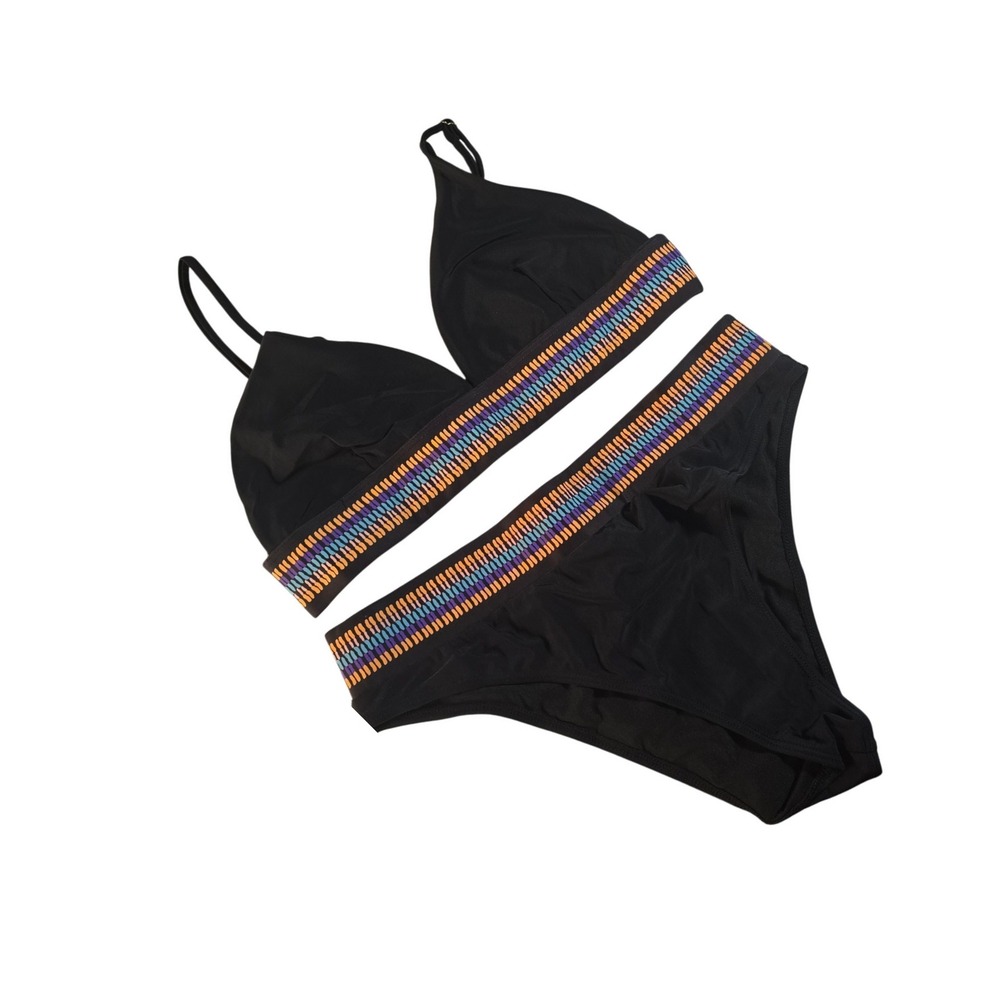 Women's Black Triangle Bikini Top & High Waist Bottom Tribal Trim Set Halter M L